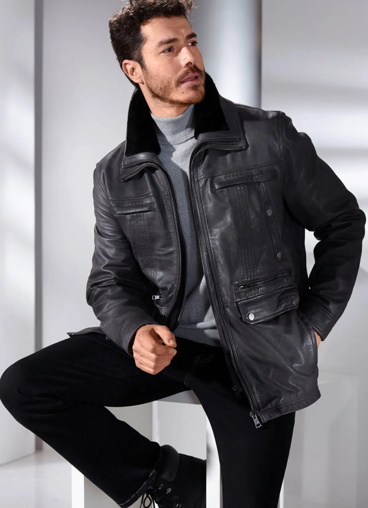 New BADER Lederjacke mit abtrennbarem Webpelzkragen ANTHRAZIT ANTIK