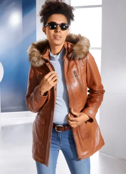 Best BADER Lederjacke mit Webpelzbesatz ANTIK COGNAC