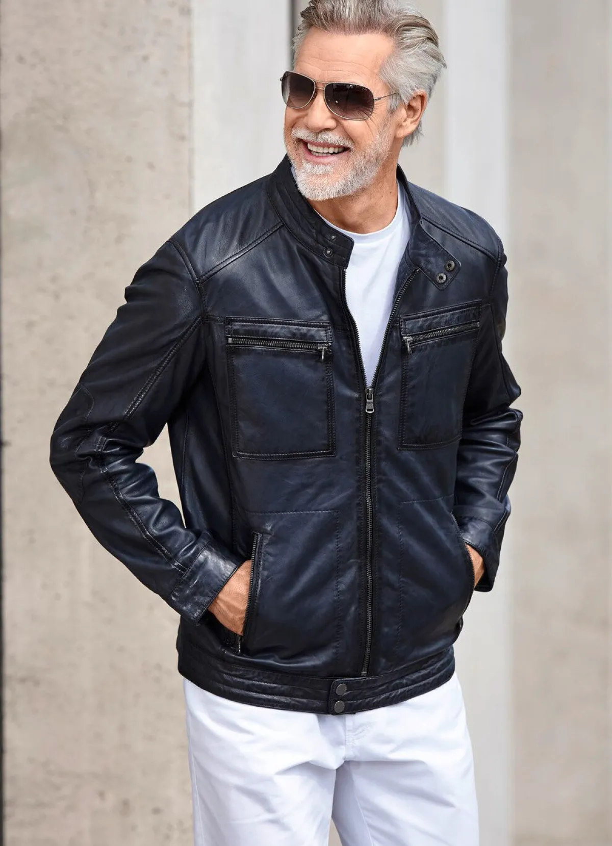 Outlet BADER Lederkurzjacke mit Brusttaschen ANTIK MARINE
