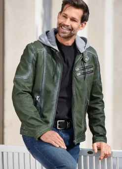Hot BADER Lederkurzjacke mit Kapuze GRÜN ANTIK