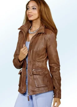 Outlet BADER Lederkurzjacke mit Kordelzug in der Taille ANTIK COGNAC