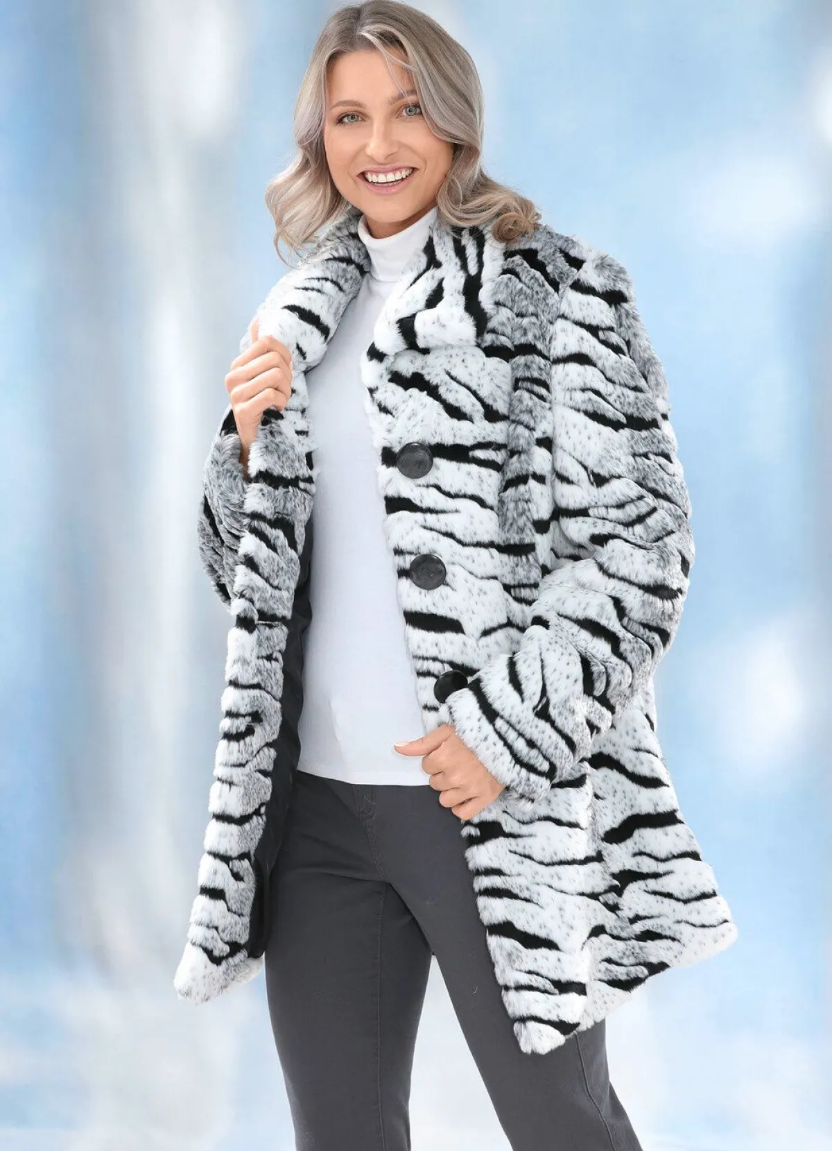 New BADER Longjacke aus kuscheligem Kunstpelz WEISS-SCHWARZ-GRAU