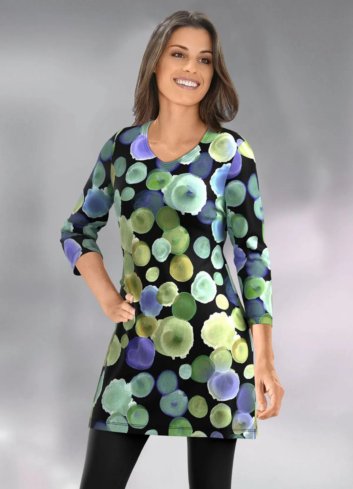 KLAUS MODELLE MADE IN GERMANY Longshirt mit farbbrillantem Allover-Druck SCHWARZ-LILA-GRÜN