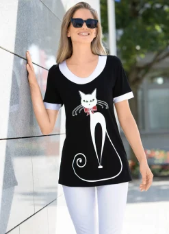 Best BADER Longshirt mit Katzen-Motiv SCHWARZ