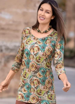 Hot BADER Longshirt mit Kellerfalte PETROL-PISTAZIE-BRAUN