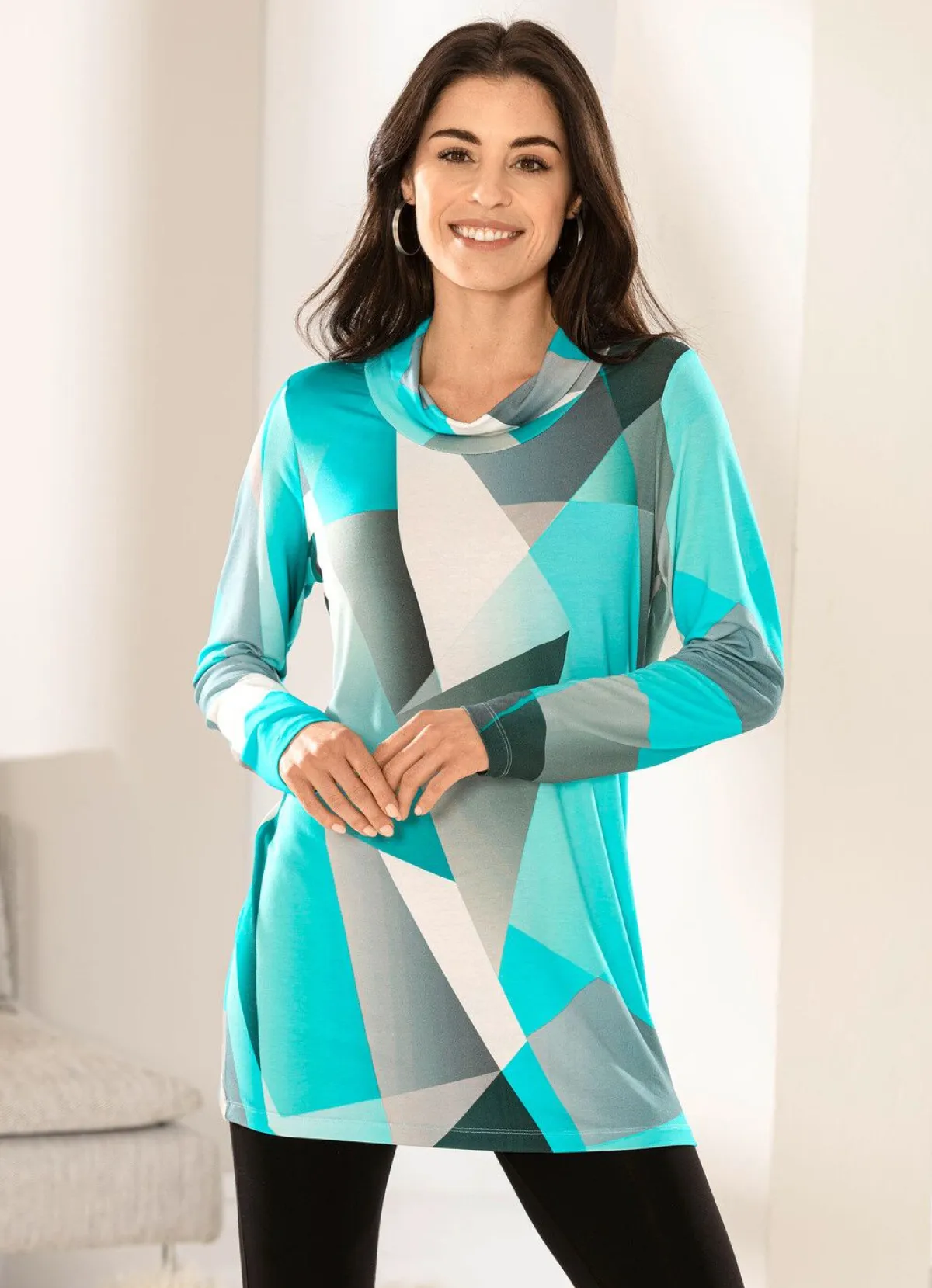 Discount BADER Longshirt mit legerem Rollkragen EISBLAU-ECRU-GRAU
