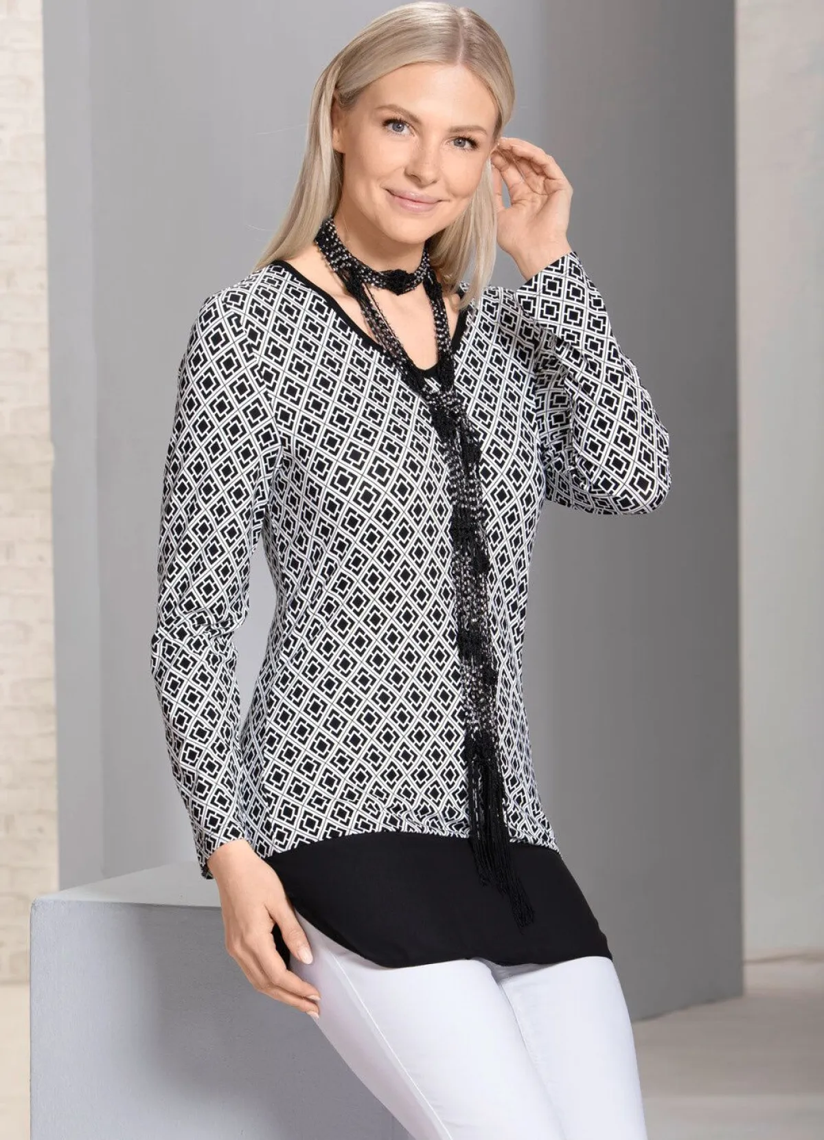Sale BADER Longshirt mit abgerundetem Chiffon-Abschluss SCHWARZ-ECRU