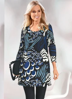 Hot KLAUS MODELLE MADE IN GERMANY Longshirt mit Allover-Druck SCHWARZ-ROYALBLAU-WEISS