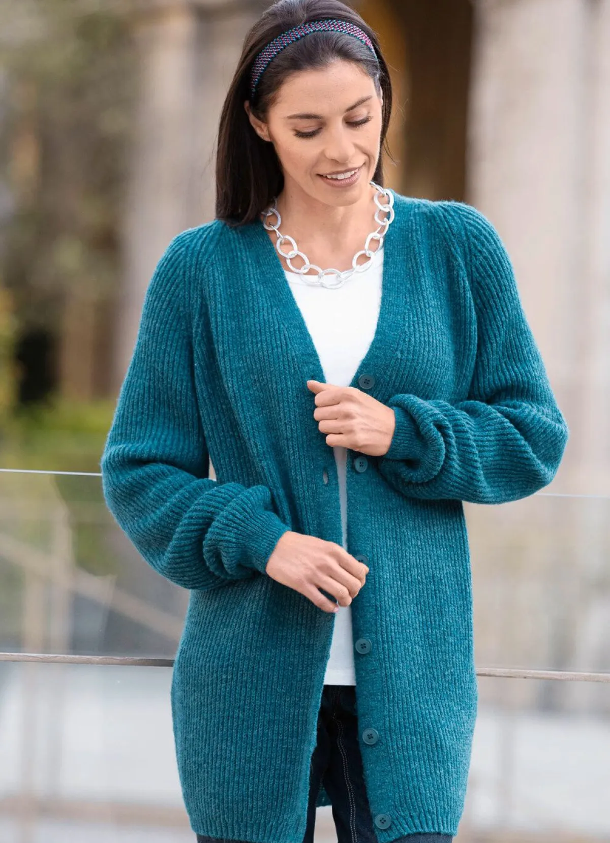 New BADER Long-Strickjacke in Perlfang PETROL MELIERT