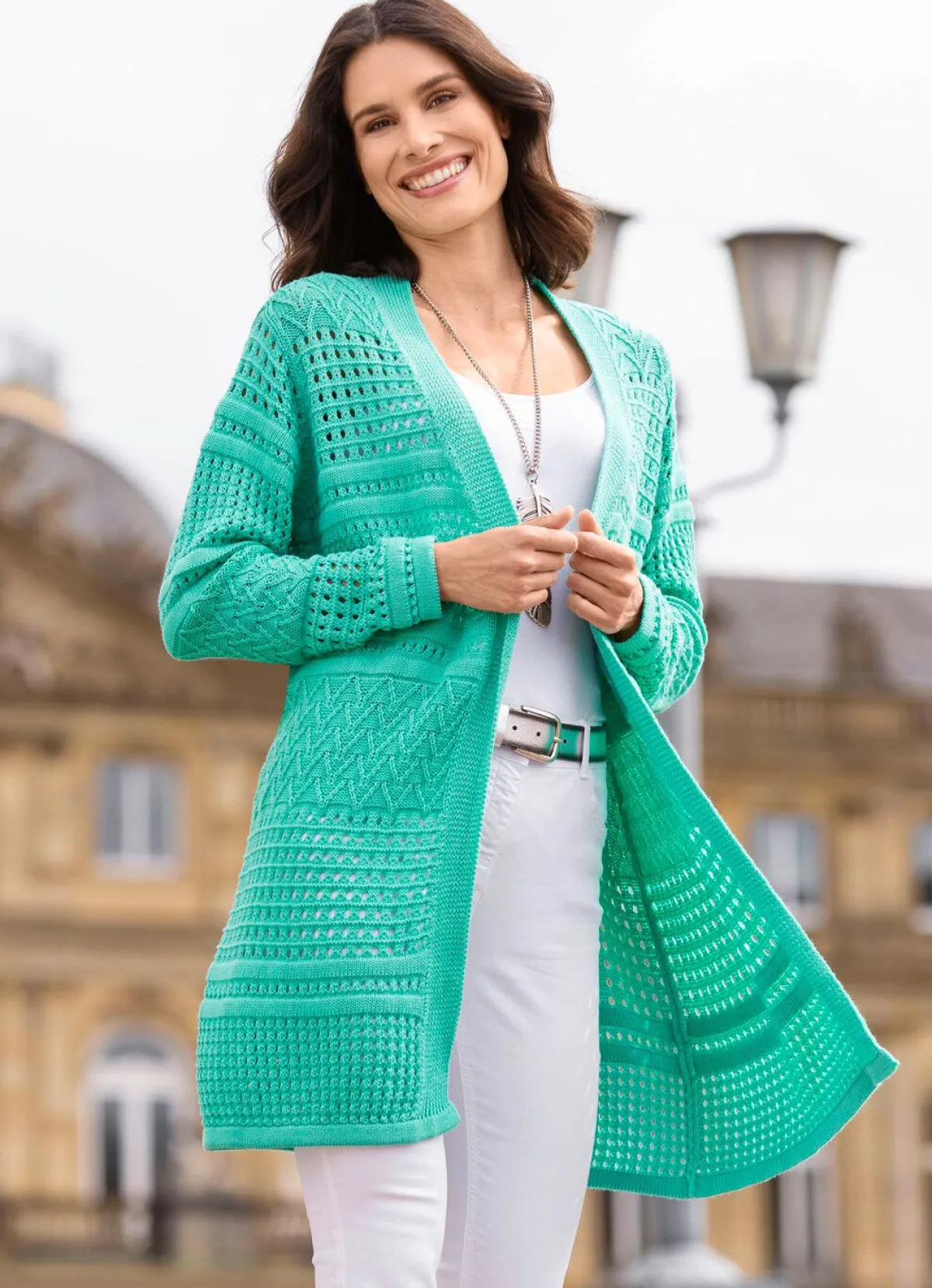 Sale BADER Long-Strickjacke in Struktur- und Ajourmustermix AQUA