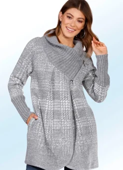 New BADER Long-Strickjacke mit dekorativem Umlegekragen GRAU MELIERT-ECRU
