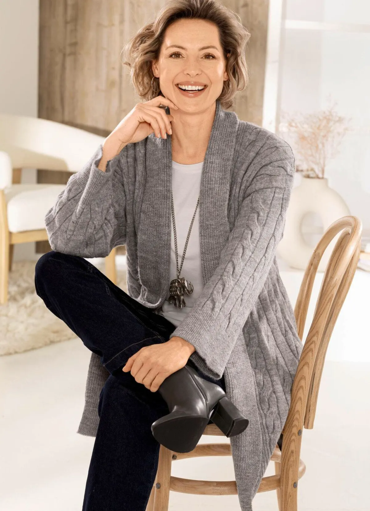 Clearance BADER Long-Strickjacke mit Zopfmuster GRAU MELIERT