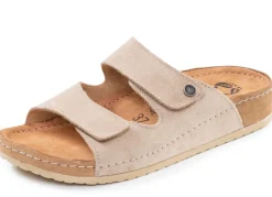 Discount MUBB , bequeme Damen-Pantoletten, Weite H, mit Klettverschluss SAND