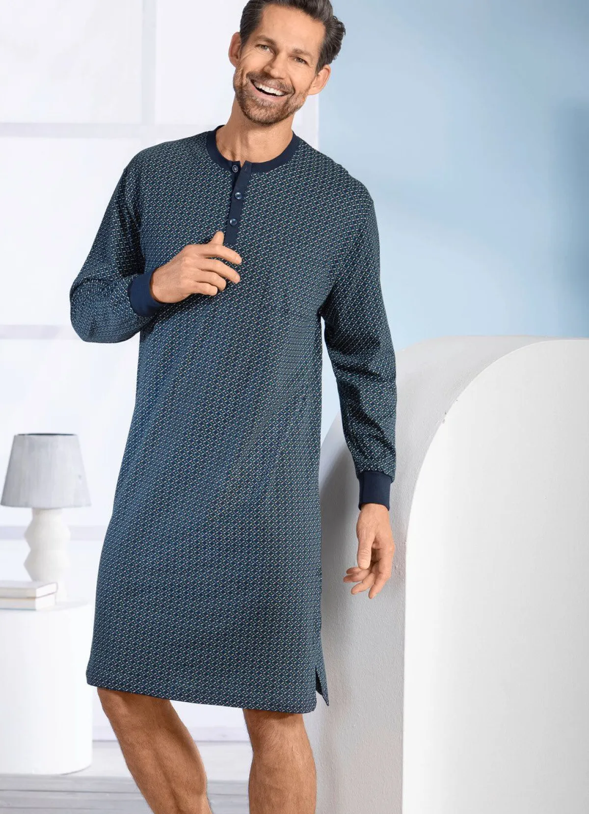 Discount BADER Nachthemd mit Knopfleiste und Seitenschlitzen MARINE-BUNT