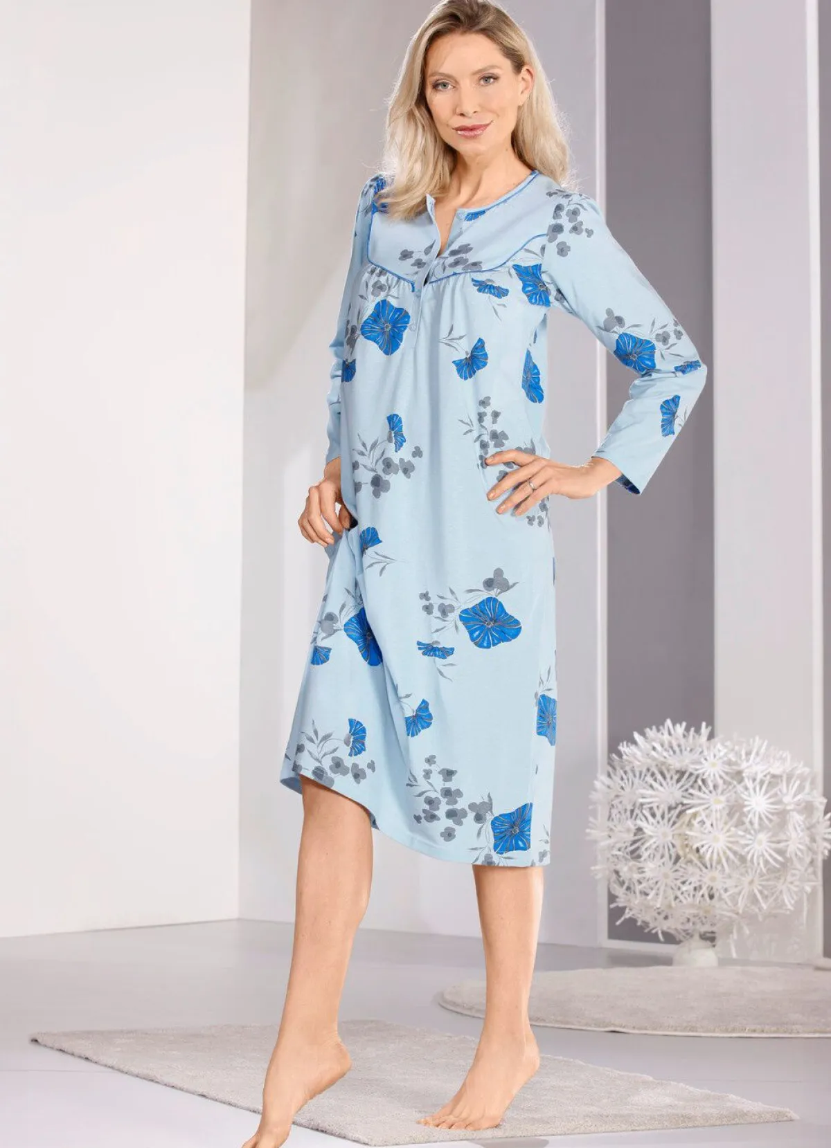 Clearance BADER Nachthemd, wadenlang mit Knopfleiste BLAU-GRAU