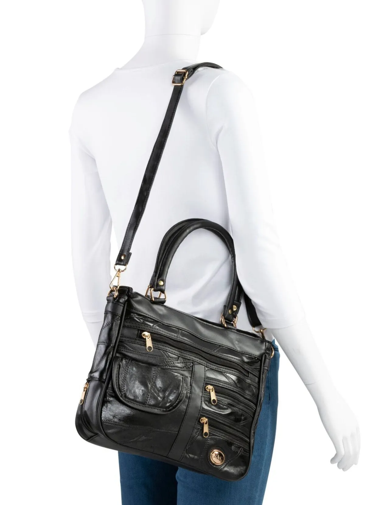BADER Patchwork-Tasche mit abnehmbarem Umhängeriemen SCHWARZ