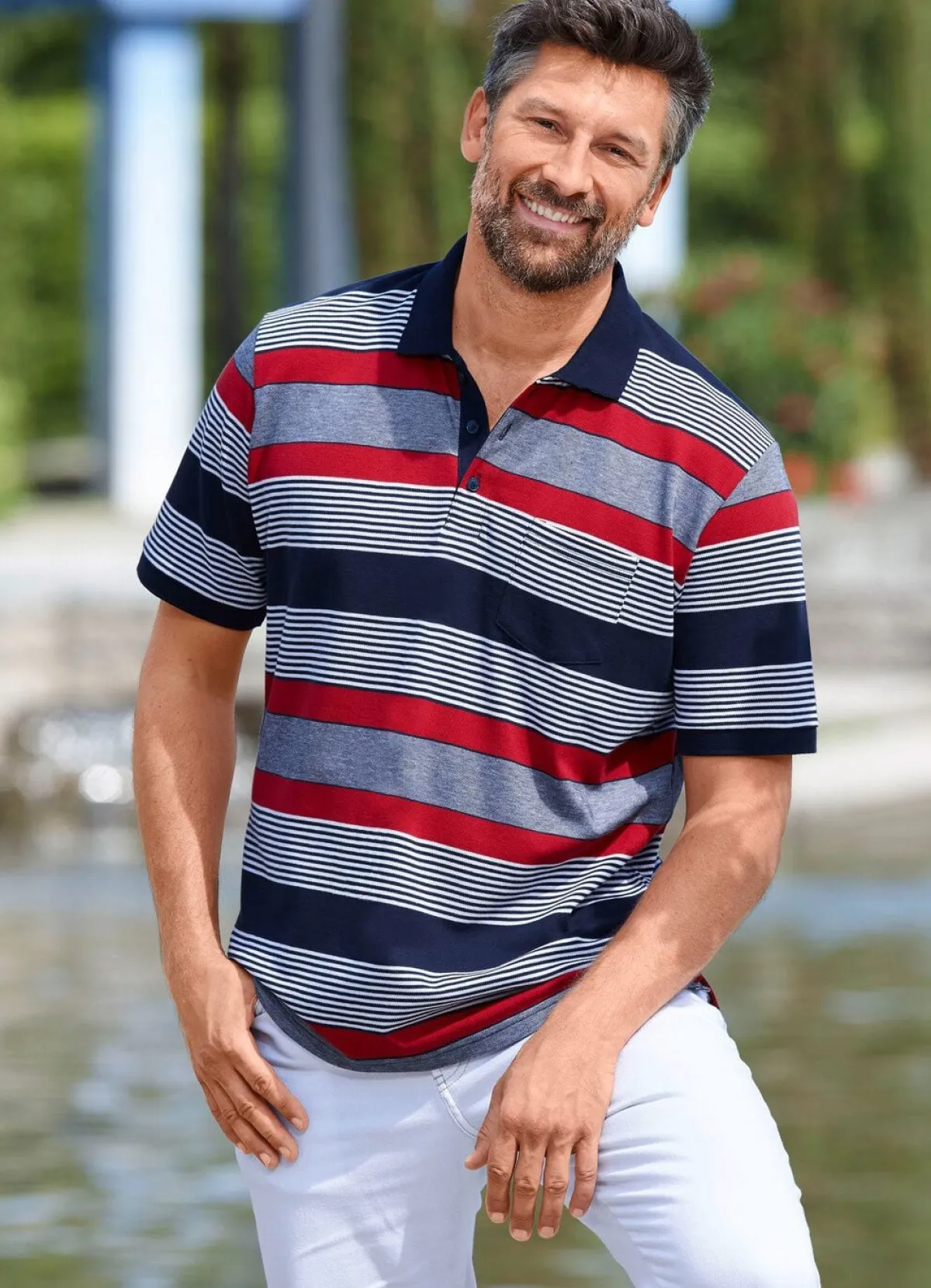 Hot BADER Poloshirt mit Brusttasche MARINE-ROT-WEISS