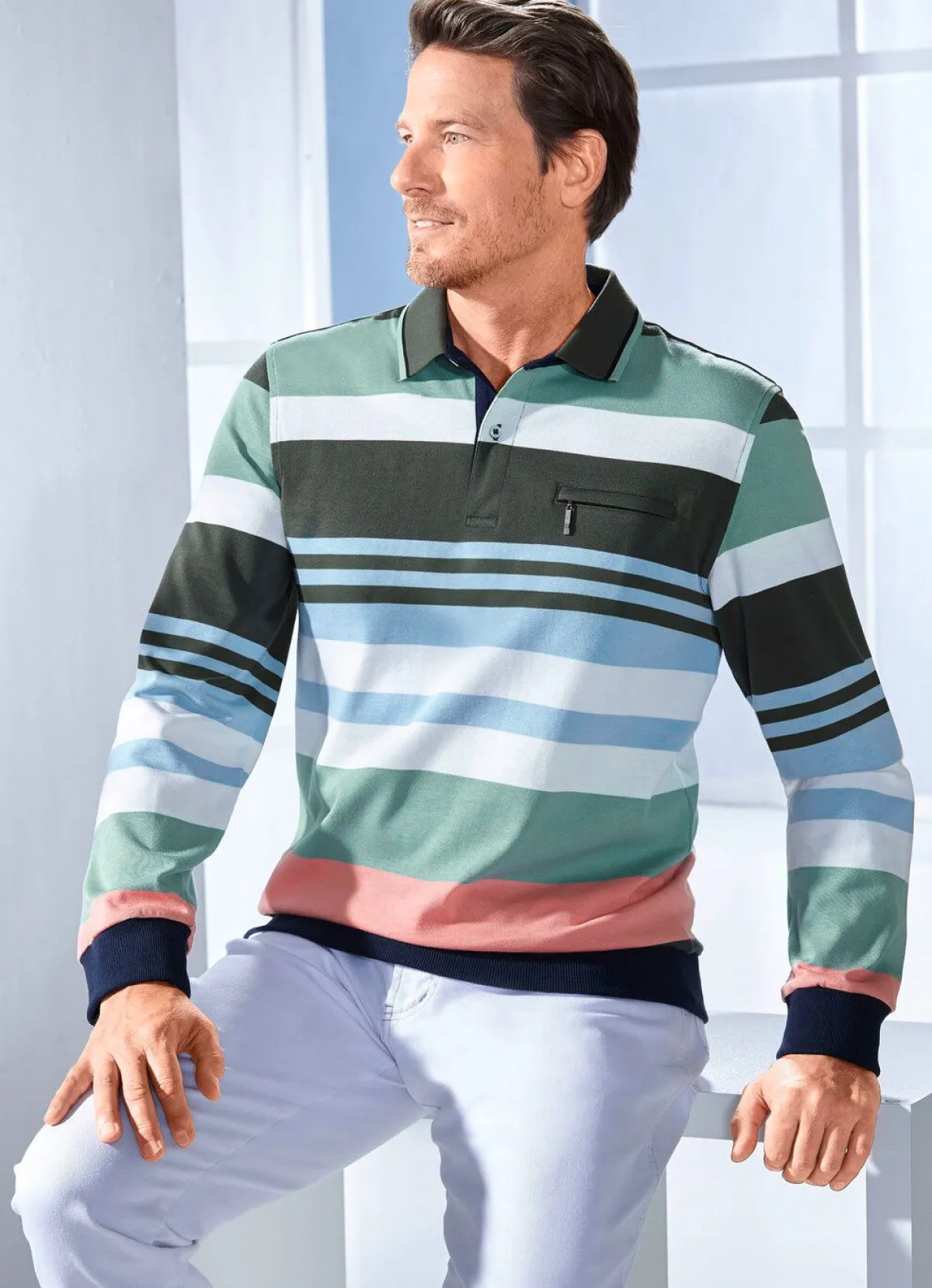 Online BADER Poloshirt mit Reißverschluss-Brusttasche HELLBLAU-GRÜN-ECRU