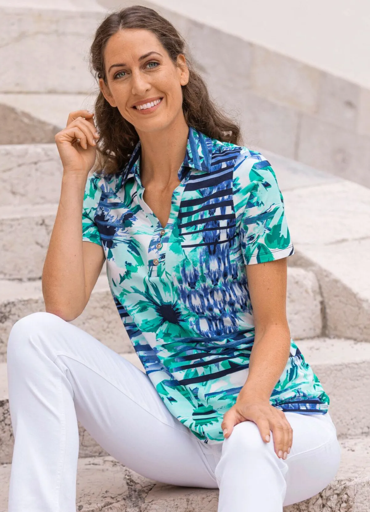 Discount BADER Poloshirt mit V-Ausschnitt TÜRKIS-BLAU-WEISS