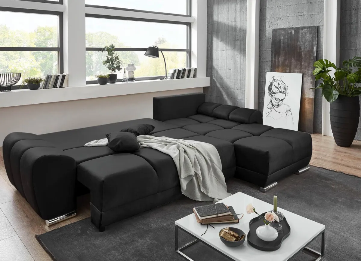 Hot BADER Polsterecke mit Bettfunktion und Bettkasten SCHWARZ