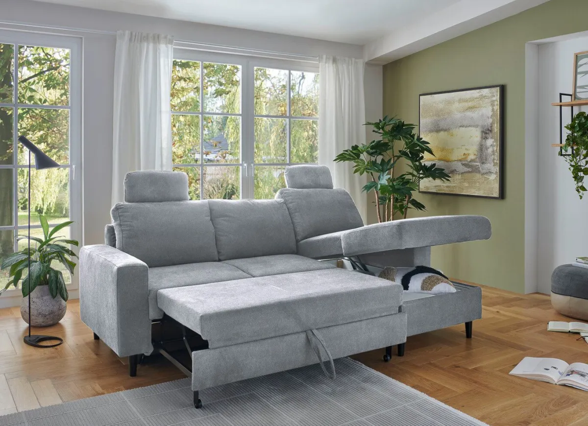 New BADER Polsterecke mit Bettfunktion und Longchair GRAU