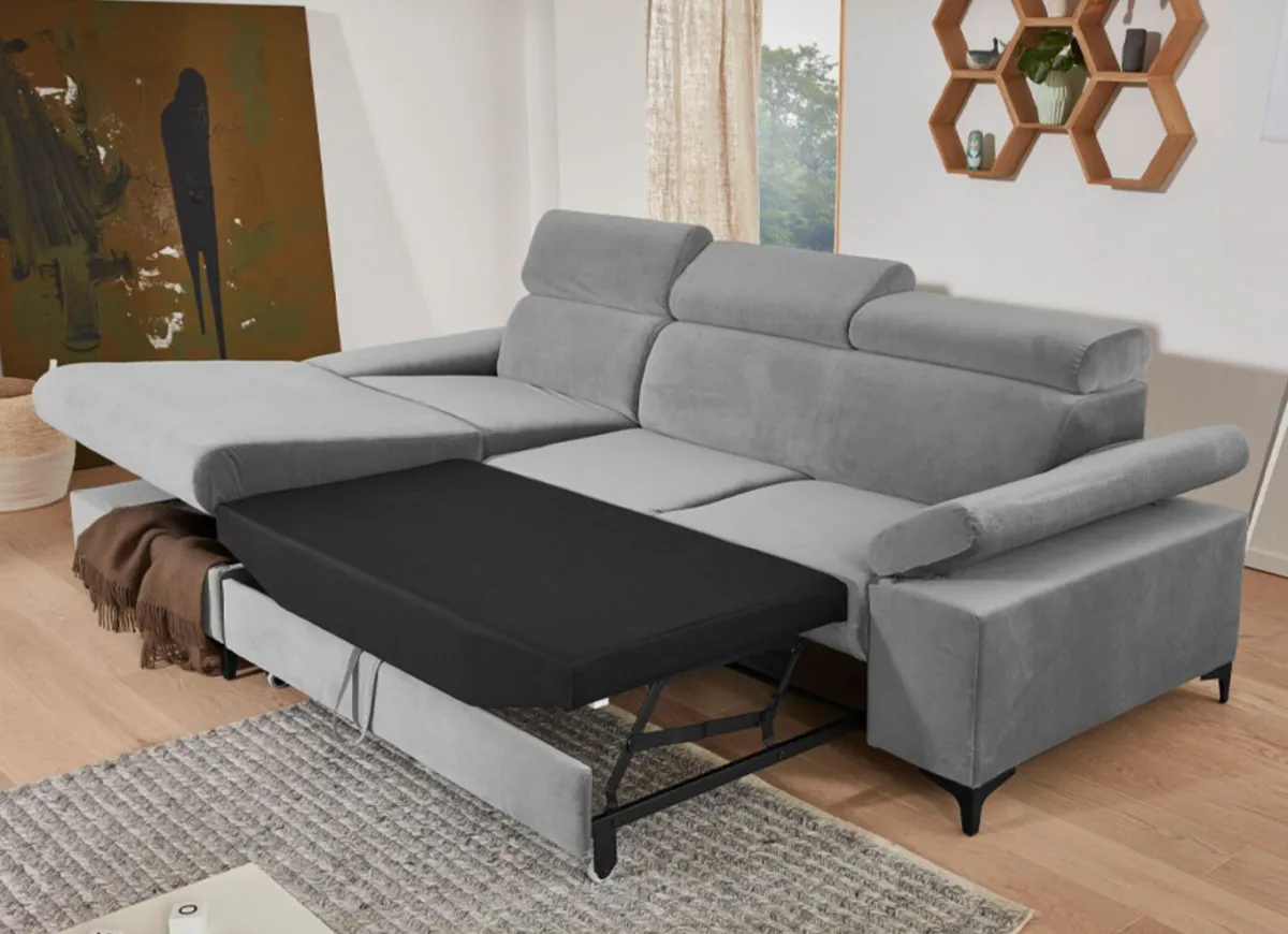 Outlet BADER Polsterecke mit Bettfunktion und Bettkasten in der Ottomane GRAU