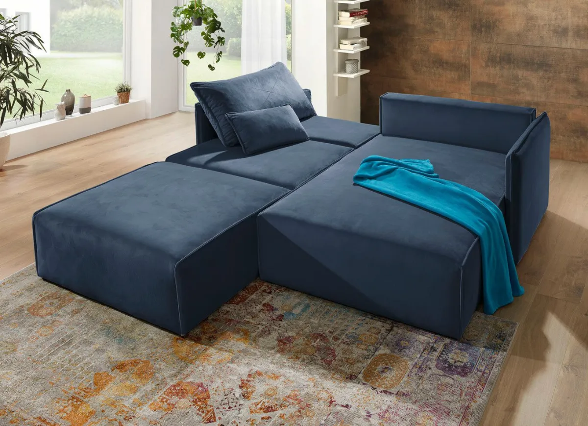 Discount BADER Polsterecke mit Bettfunktion und Hocker BLAU