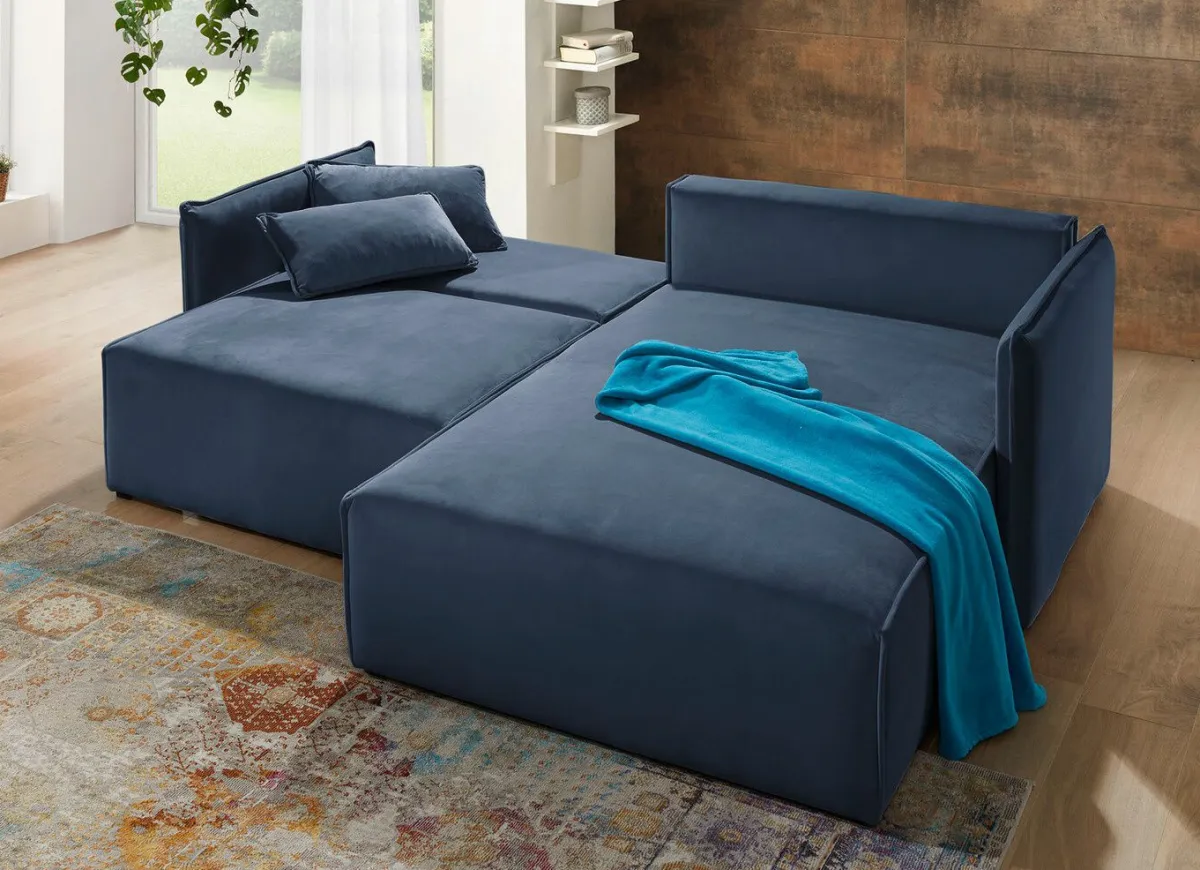 Discount BADER Polsterecke mit Bettfunktion und Hocker BLAU