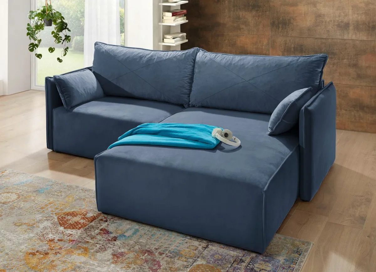 Discount BADER Polsterecke mit Bettfunktion und Hocker BLAU