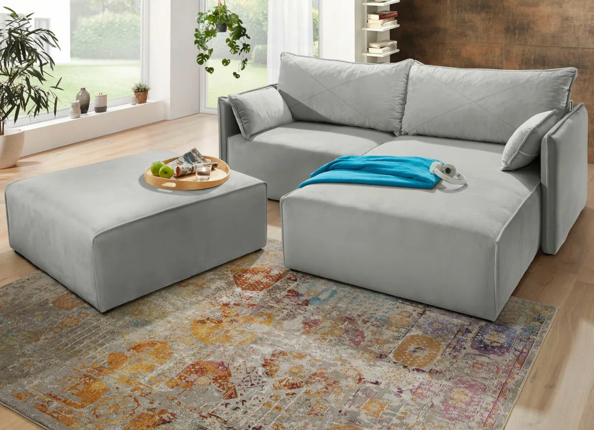 Discount BADER Polsterecke mit Bettfunktion und Hocker HELLGRAU