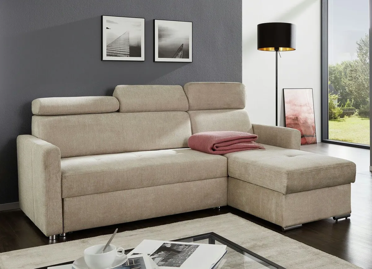 New BADER Polsterecke mit Schlaffunktion und Bettkasten BEIGE