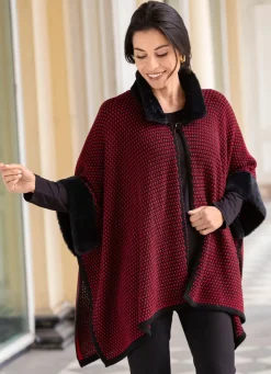 Outlet BADER Poncho mit Kunstpelzbesätzen SCHWARZ-ROT