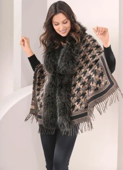Clearance BADER Poncho mit trendstarkem Hahnentritt-Dessin CAMEL-SCHWARZ