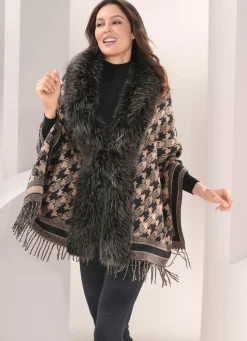 Clearance BADER Poncho mit trendstarkem Hahnentritt-Dessin CAMEL-SCHWARZ