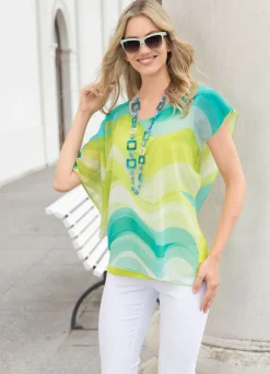 Best BADER Poncho-Tunika aus Chiffon TÜRKIS-KIWI-ECRU-BUNT