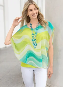 Best BADER Poncho-Tunika aus Chiffon TÜRKIS-KIWI-ECRU-BUNT