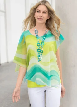 Best BADER Poncho-Tunika aus Chiffon TÜRKIS-KIWI-ECRU-BUNT