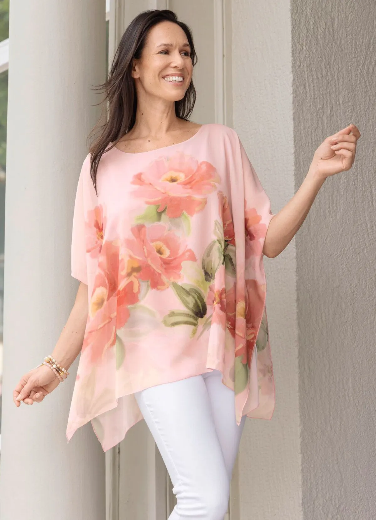 Clearance BADER Poncho-Tunika mit eingearbeitetem Top ROSÉ-MANGO-GRÜN-BUNT
