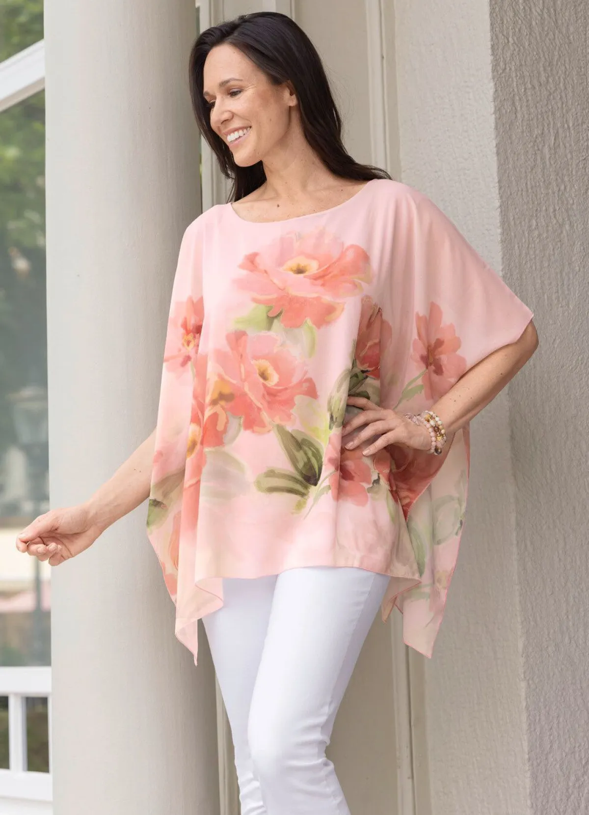 Clearance BADER Poncho-Tunika mit eingearbeitetem Top ROSÉ-MANGO-GRÜN-BUNT