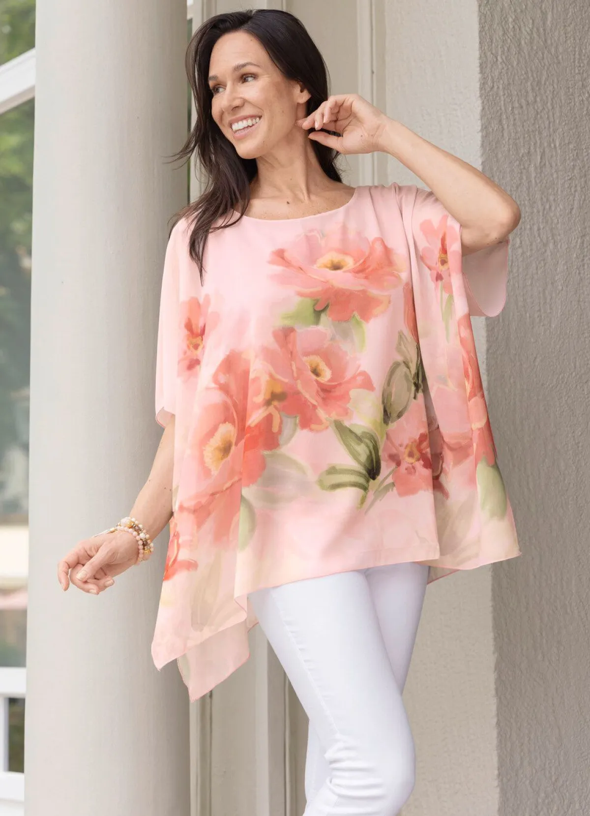 Clearance BADER Poncho-Tunika mit eingearbeitetem Top ROSÉ-MANGO-GRÜN-BUNT