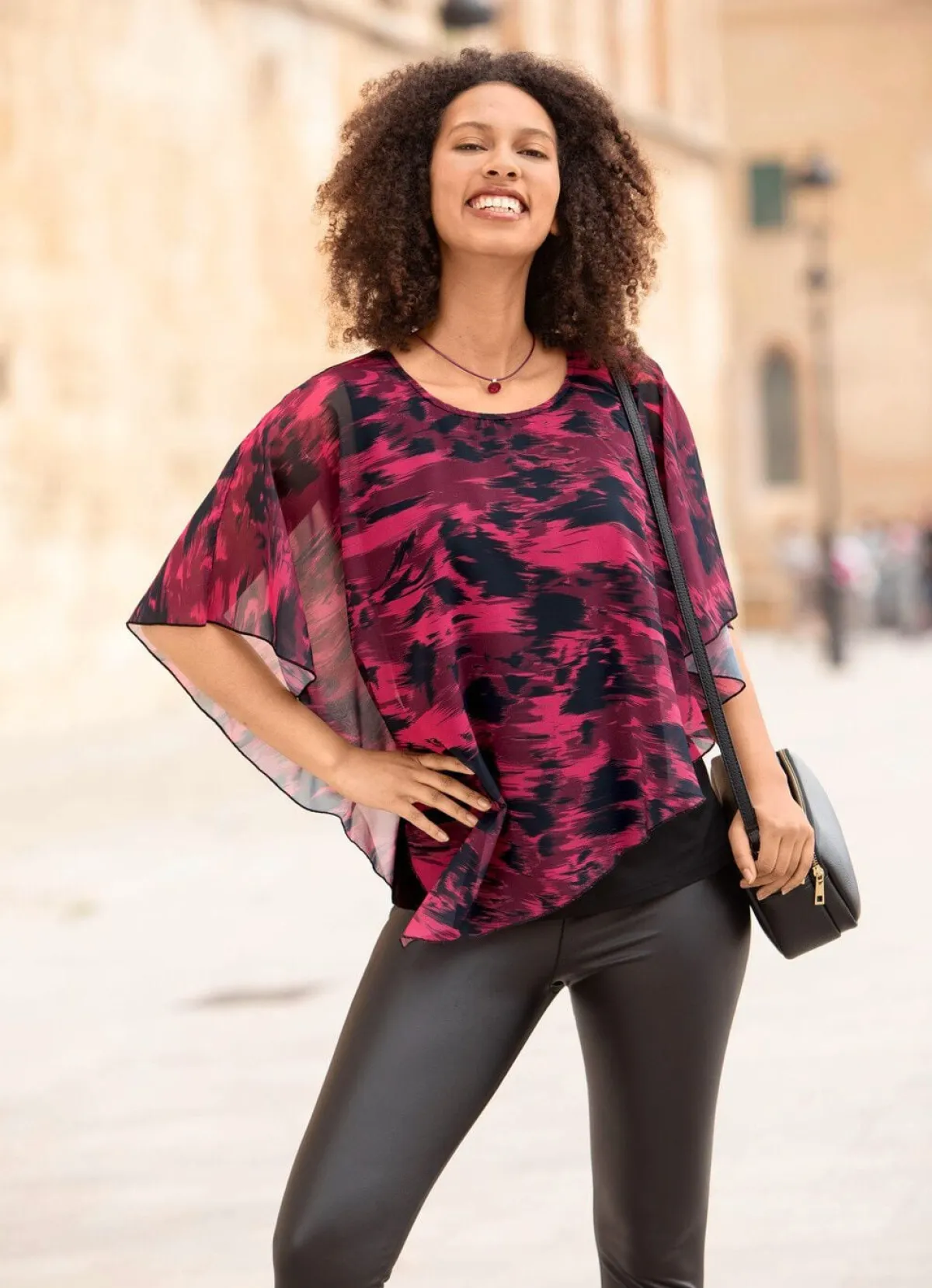Outlet BADER Poncho-Tunika mit eingearbeitetem Top SCHWARZ-BEERE-ROT