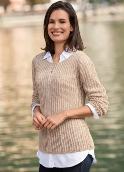 Hot BADER Pullover aus edel glänzendem Bändchengarn SANDBEIGE