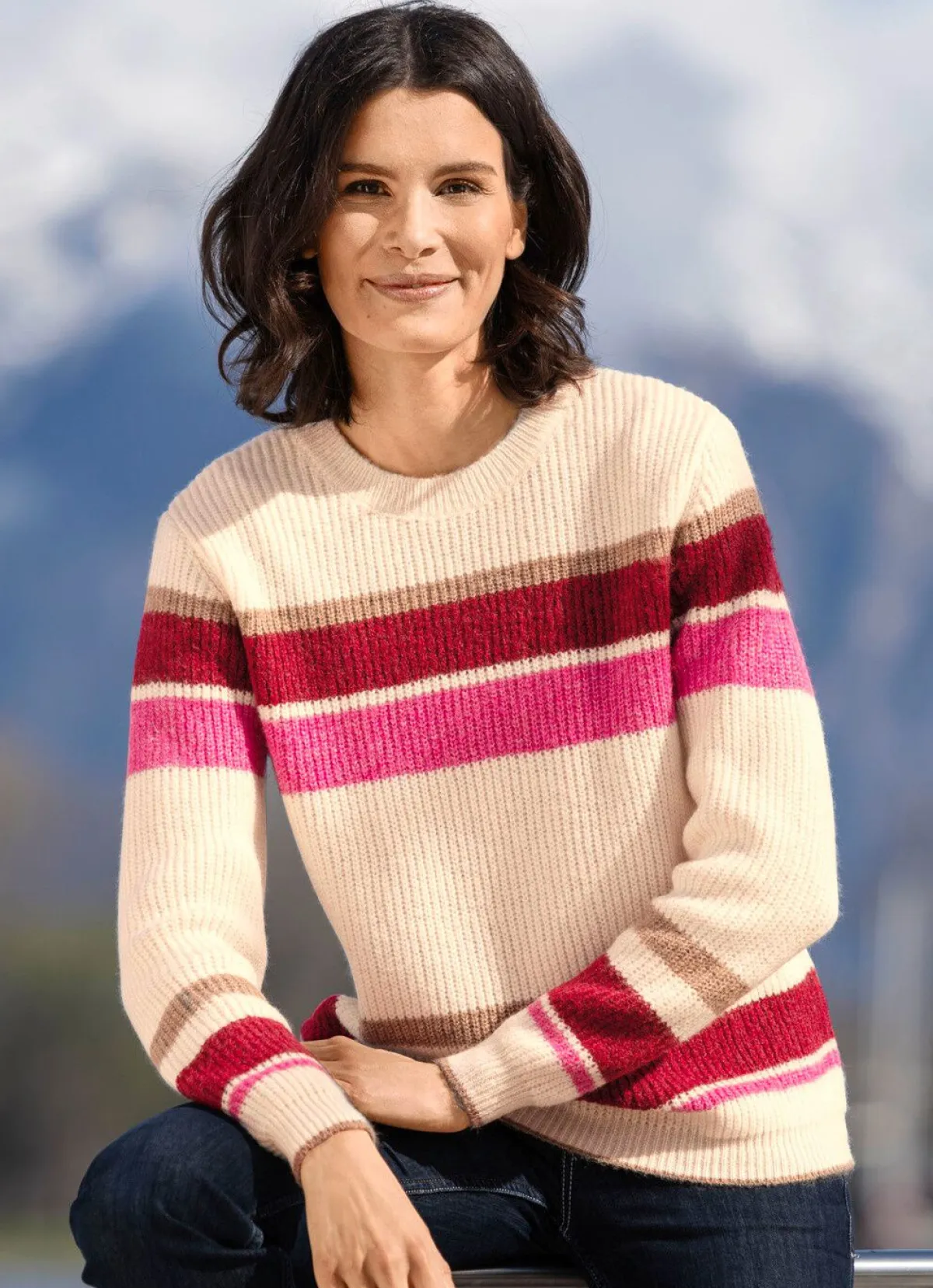 Online BADER Pullover aus sehr flauschigem Garn ECRU-PINK-ROT