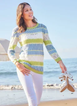 Discount laurakent Pullover in Ajour-Strukturmix LIMETTE-BLEU-ECRU