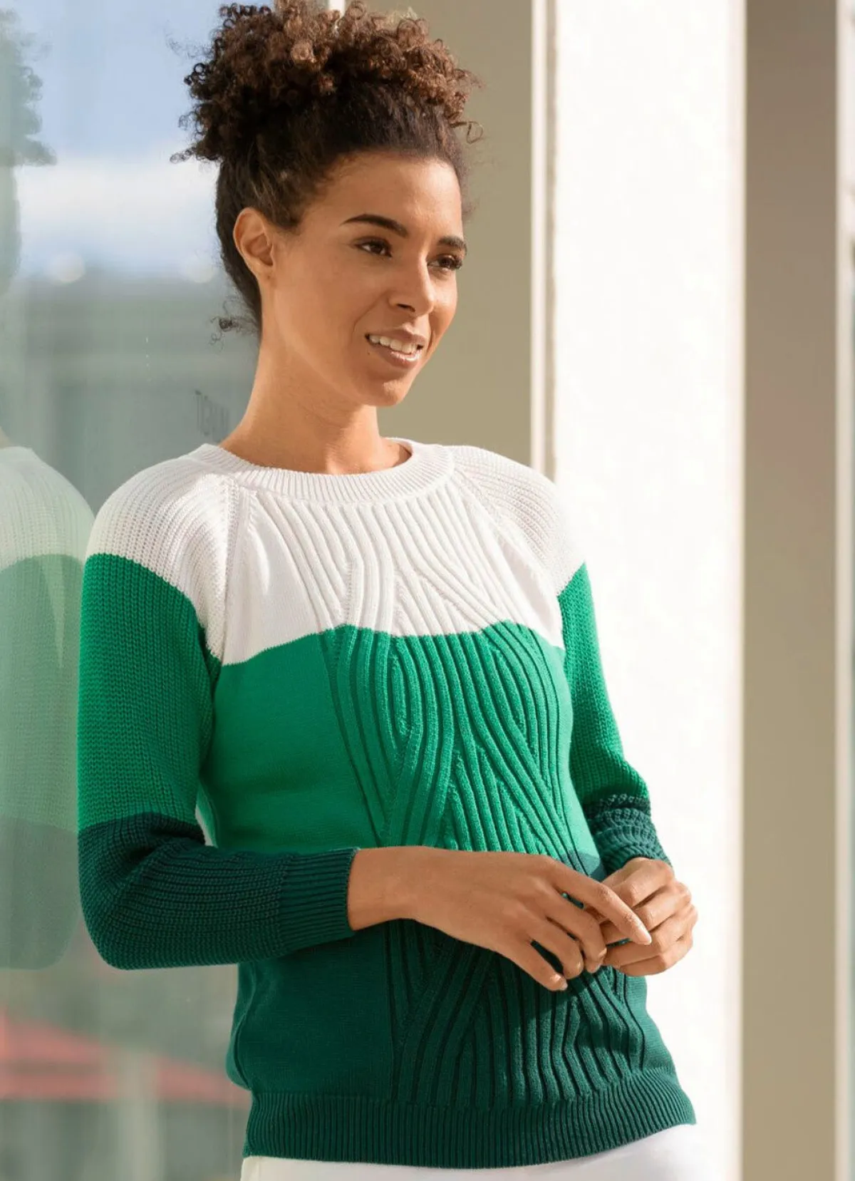 Best BADER Pullover in Color-Blocking ECRU-GRÜN-DUNKELGRÜN