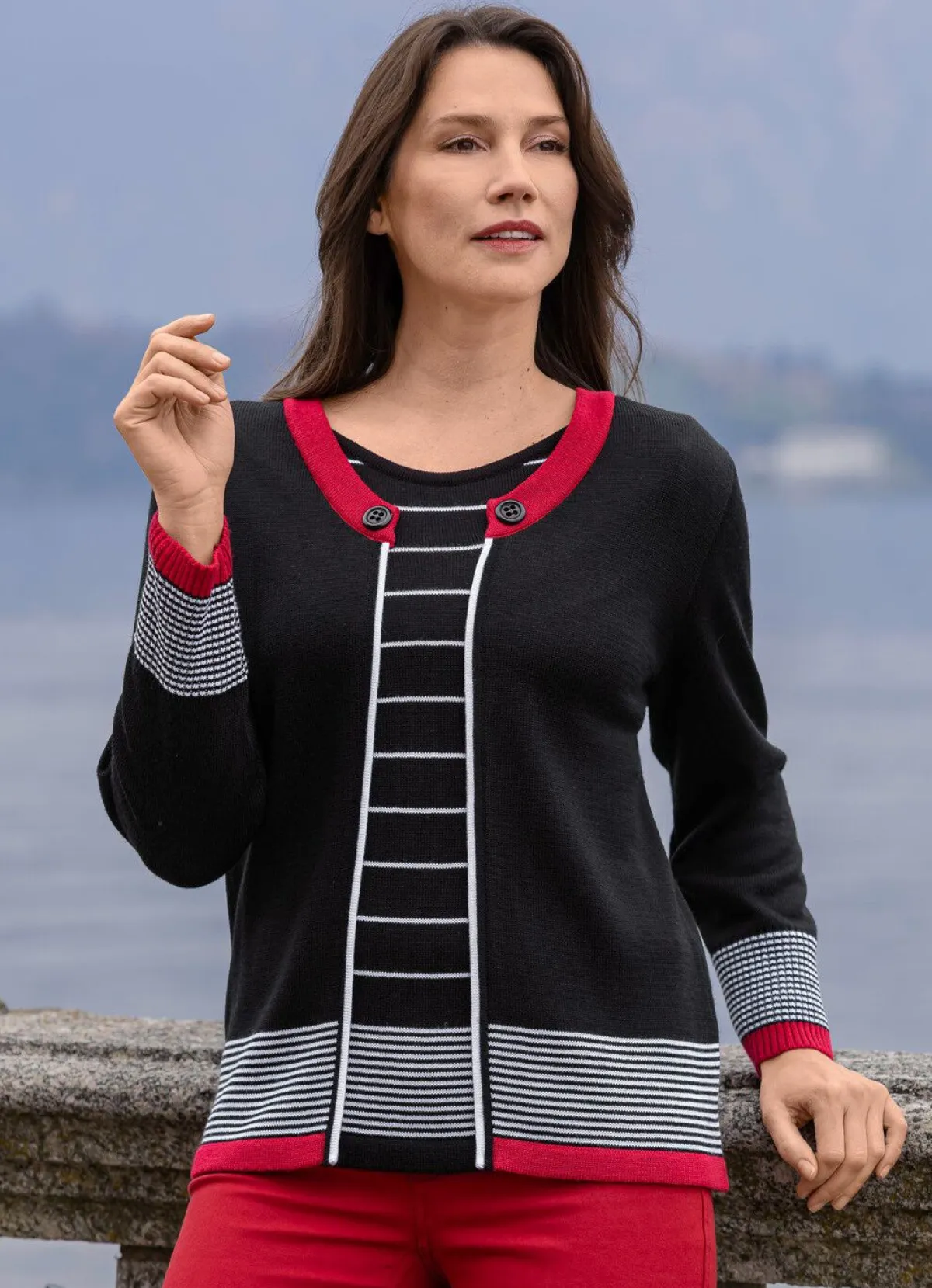 New BADER Pullover in Doppel-Optik SCHWARZ-ROT-WEISS