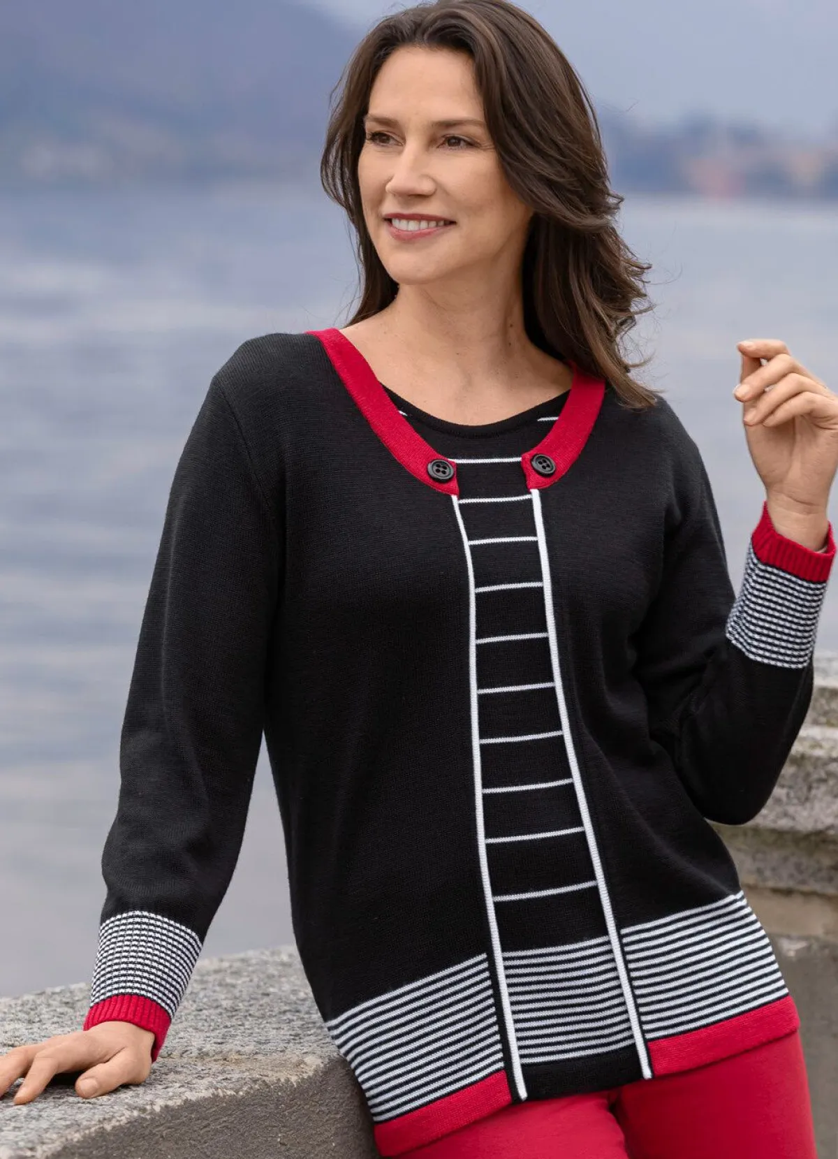 New BADER Pullover in Doppel-Optik SCHWARZ-ROT-WEISS