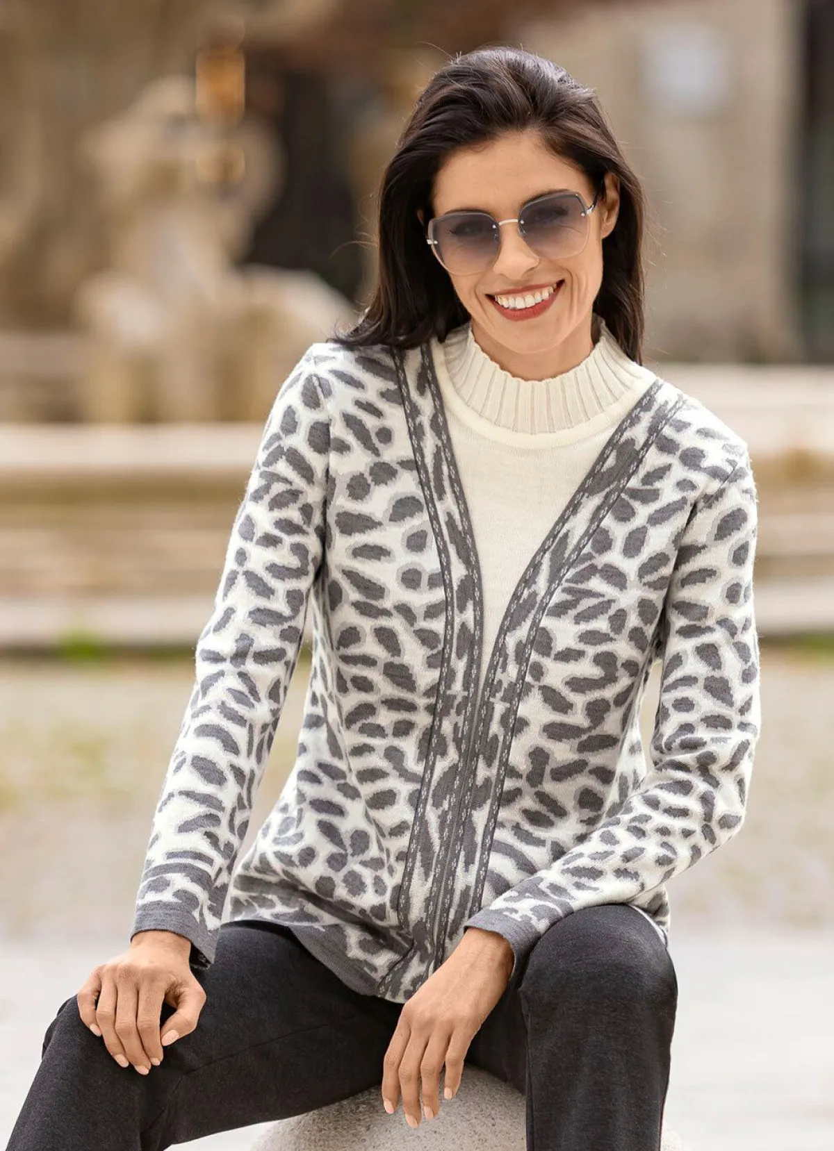 New BADER Pullover in Doppel-Optik ECRU-HELLGRAU-DUNKELGRAU
