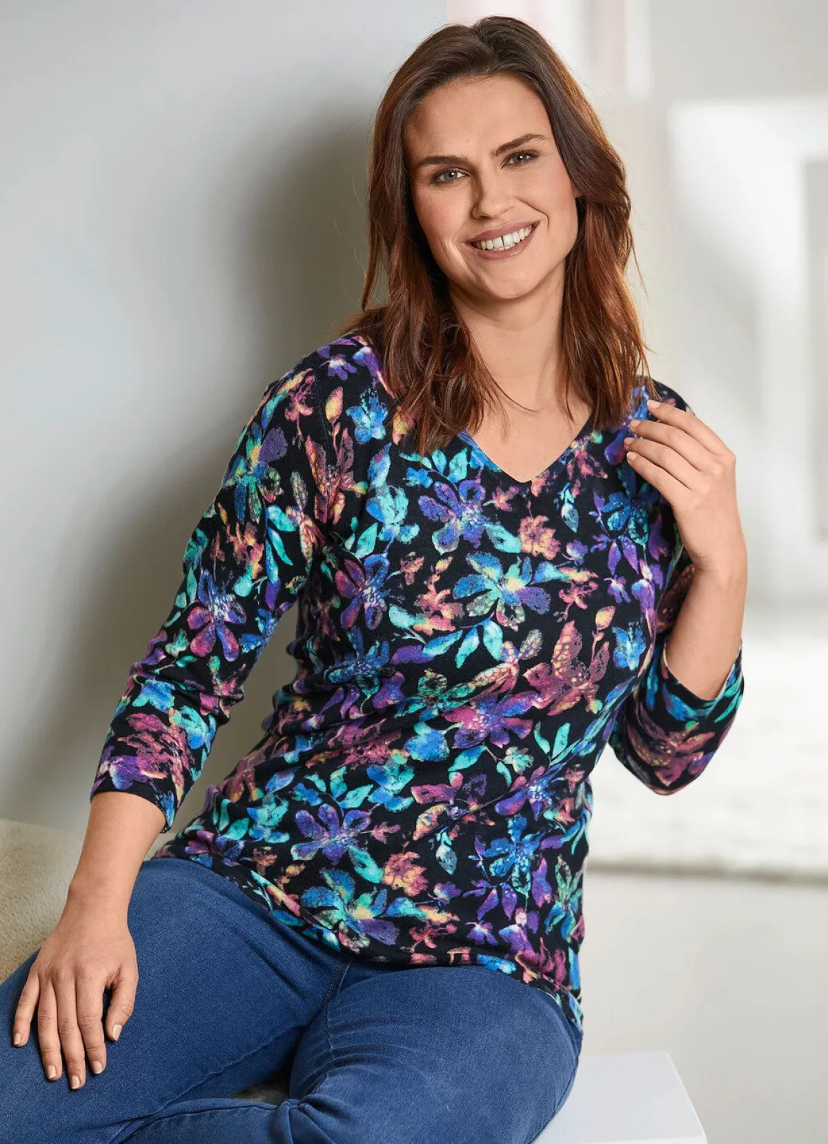 BADER Pullover in Feinstrick SCHWARZ-MULTICOLOR