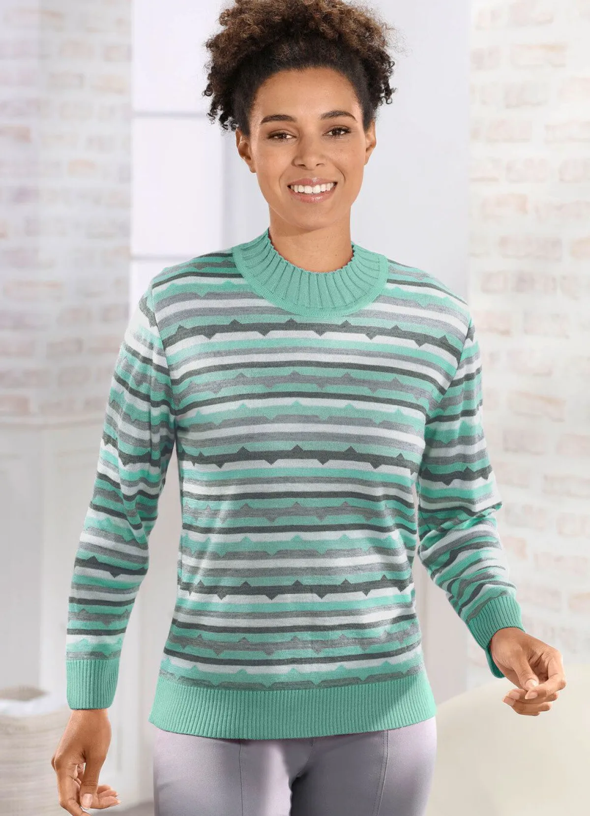 Hot BADER Pullover in Feinstrick MINT-GRAU-ECRU